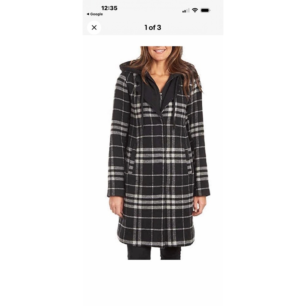 Rachel Roy Womens Walker Wool Blend Coat with Bib‎ Black/White Plaid Large NWT